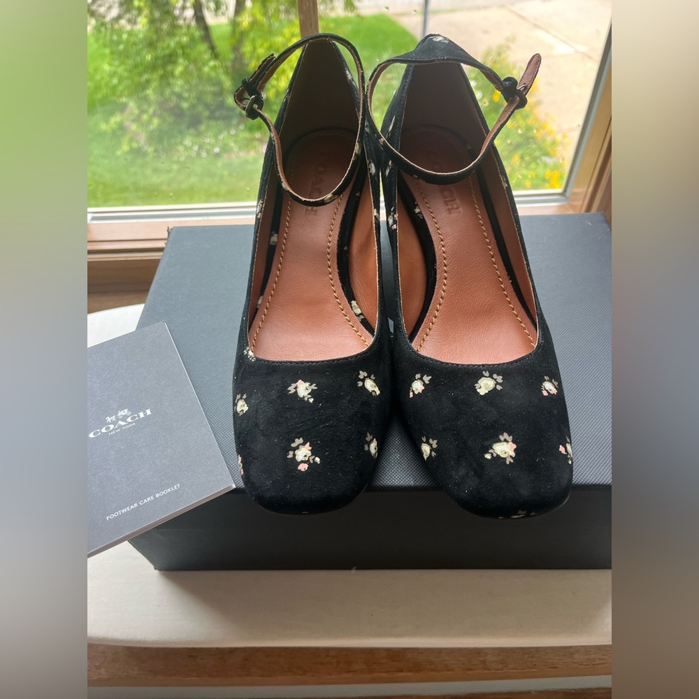 NIB Coach black suede, pink floral Prairie print shoes with ankle strap.